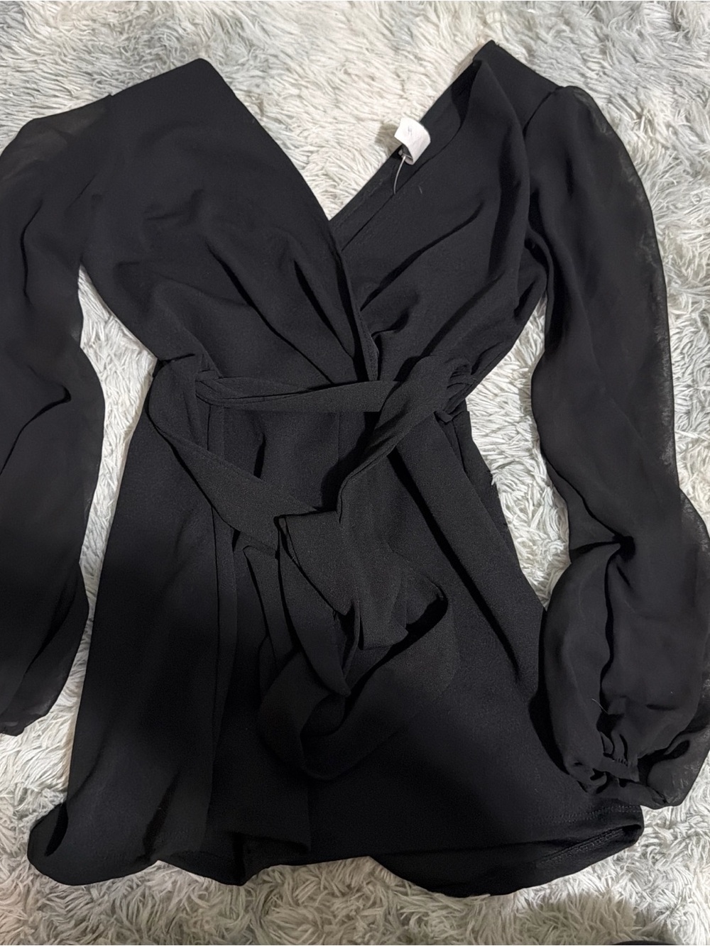 Black Wrap Long-Sleeve Romper with Tie Waist
